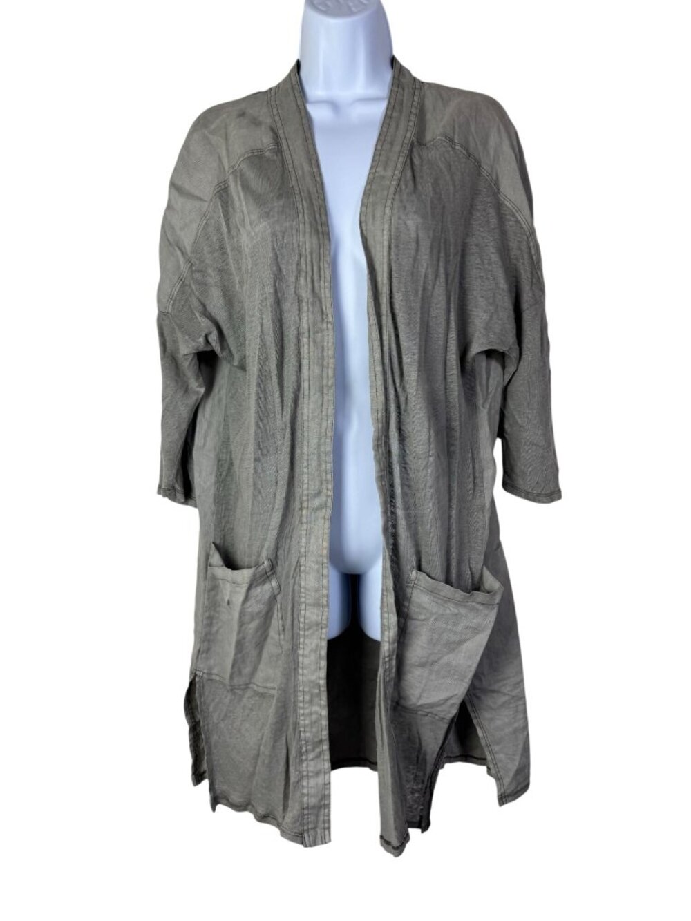 XCVI Gray Open Front Lightweight‎ 100% Linen Long Cardigan Size Small Lagenlook